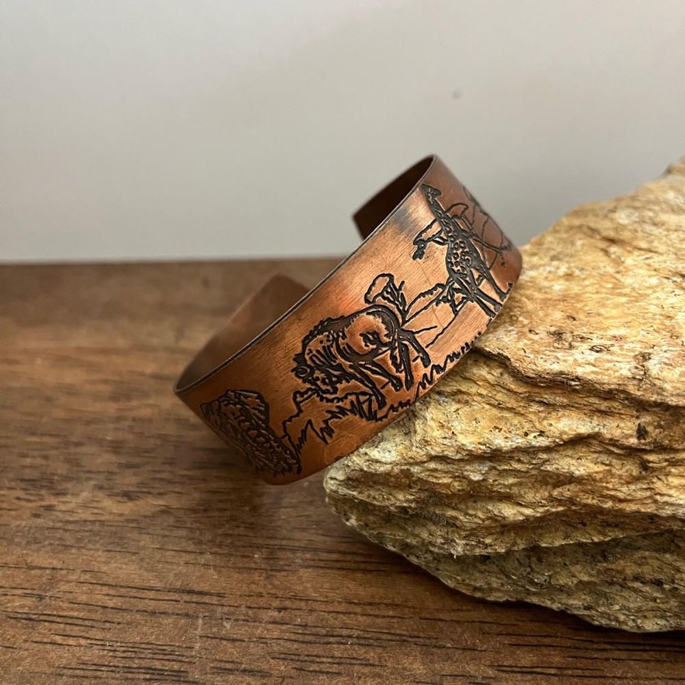 African Copper wide Cuff Bracelet Vintage Safari lion zebra elephant giraffe